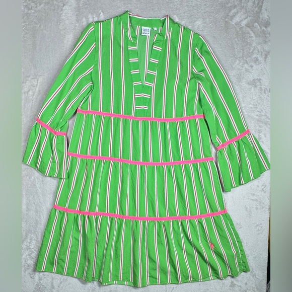Emily Van Den Bergh Green Pink Striped Ruffle Tiered Mini Dress Size 36 (US 4) - Picture 1 of 16